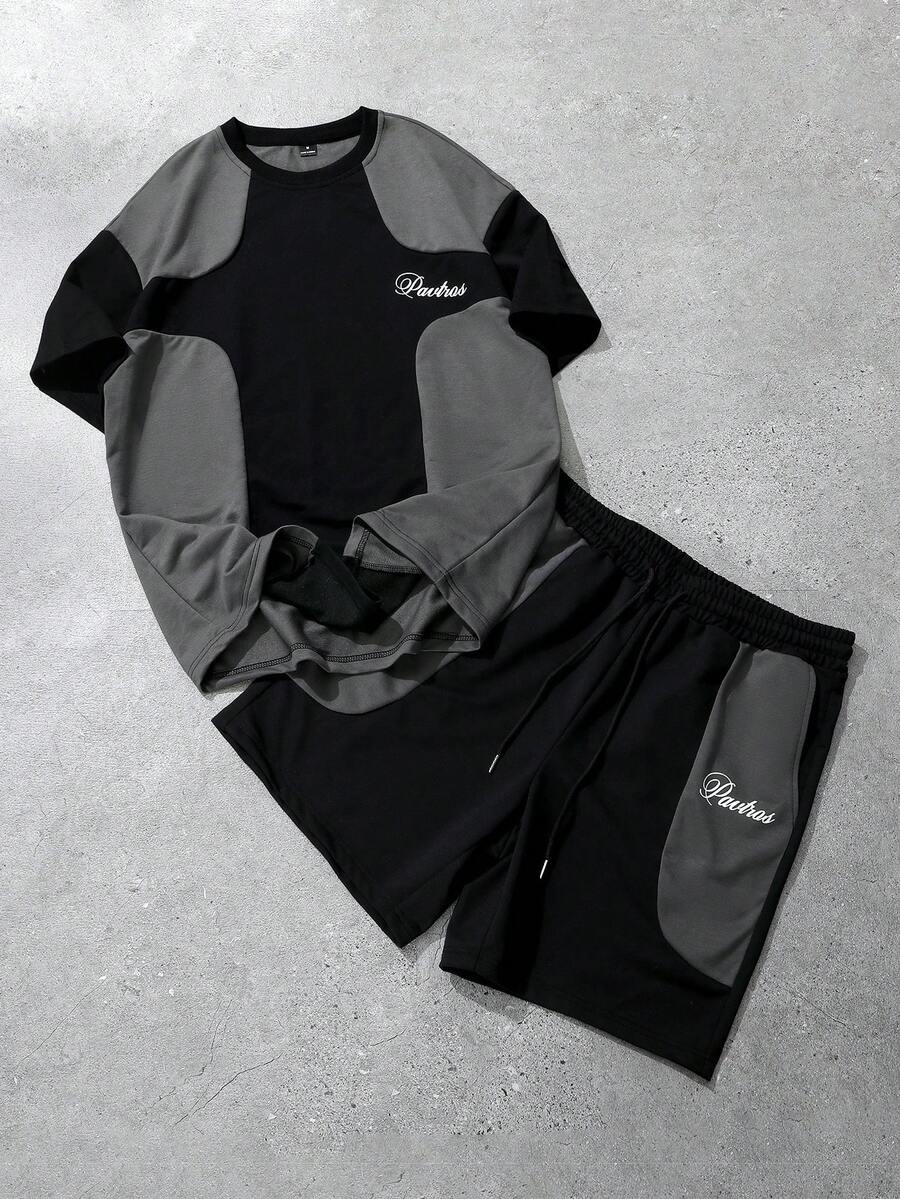 Manfinity Roghcode 2pcs/Set Pakaian Olahraga Pria Hitam Musim Panas Streetwear, Set Kaos Lengan Pendek dan Celana Pendek Tali Serut, Potongan Longgar Desain Blok Warna Kasual Retro - Hitam - View 1