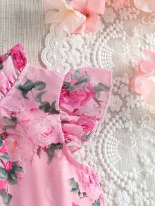 SHEIN Vestido de verano para bebé niña con estampado de rosas, manga corta y volantes, elegante y de moda, con cremallera en la espalda, versátil para uso diario, ir al trabajo, fiestas de cumpleaños, para todas las estaciones - Rosa - Ver 8