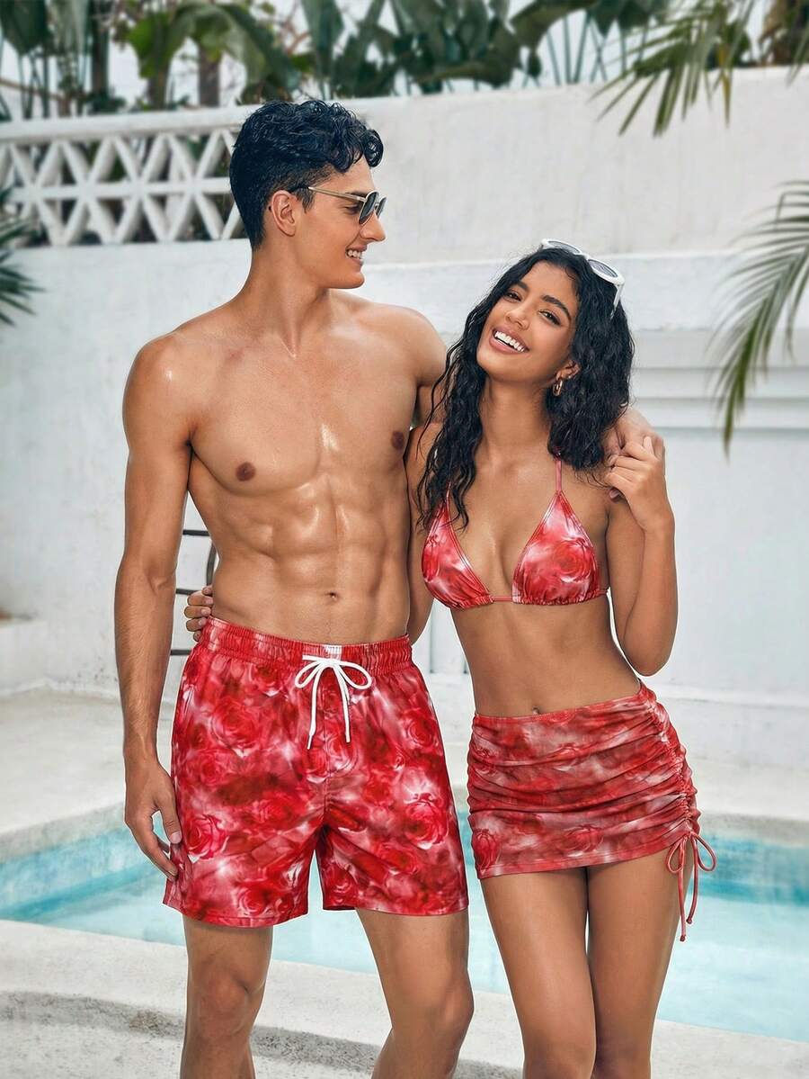 Manfinity Swimmode 男士印花抽绳腰带休闲沙滩短裤 - 紅色 - 查看 1