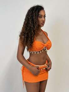 Amplova Rope, Starfish & Shell Pendant Decor Crop Top & Mini Skirt 2 Pieces Set,Vacation Outfits Women - Orange - View 12