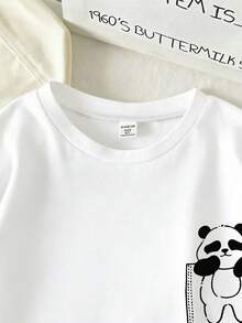 SHEIN Playful Pals 小男孩卡通熊貓印花T恤套裝，搭配黑白條紋短褲，夏季柔軟舒適面料休閒套裝，親子穿搭，白色 - 彩色 - 查看 3