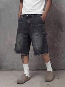 RHETRK European And American Patchwork Asymmetric Zipper Denim Shorts - Black - View 4