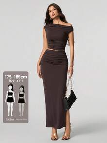 SHEIN Tall 2pcs Women Oblique Shoulder Short Sleeve Top And Skirt Set Brown - Brown - View 8