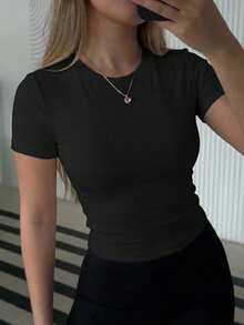 DAZY Women's Short Crop Top T-Shirt With Round Neckline - Black - View 7