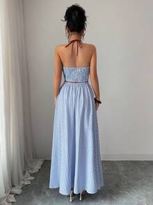 Arcane Artistry Bộ đồ đi nghỉ mát cho nữ màu xanh sọc, gợi cảm, cổ khoét sâu, áo crop top hai dây cổ chữ V sâu và chân váy maxi chữ A, trang phục đi biển cho nữ, trang phục mùa hè cho nữ, váy thường ngày cho nữ, chân váy maxi xanh cho nữ, trang phục nghỉ lễ cho nữ, trang phục đi nghỉ mát cho nữ, chân váy maxi đi biển. - Màu be - Xem 2