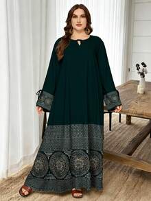 SHEIN Najma Mandala Retro Pattern Paired With Geometric Print Colorblock Plus Size Women's Dress, Fashionable V-Neck Tie-Up Design Loose Maxi Dress, Elegant Long Sleeve Spring/Summer Maxi Dress - Multicolor - View 5