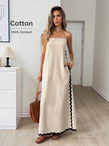 Easowa Đầm slip 100% cotton phối màu tương phản, dáng chữ A dài đến mắt cá chân, không tay, kiểu dáng thoải mái, thanh lịch, thích hợp cho nữ đi làm, đi nghỉ mát, mùa xuân/hè. - Màu be - Xem 1