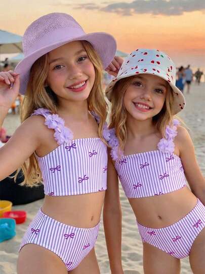 Emery Rose Kids Emery Rose Kids Young Girl Striped Bow & Floral Print Decorated Swimsuit Set