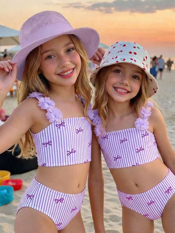 Emery Rose Kids Emery Rose Kids Young Girl Striped Bow & Floral Print Decorated Swimsuit Set
