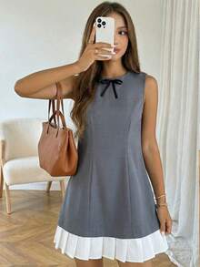 SHEIN Đầm xếp ly chắp vá kiểu cổ điển thanh lịch dành cho thiếu nữ dự tiệc - Màu xám đen - Xem 3