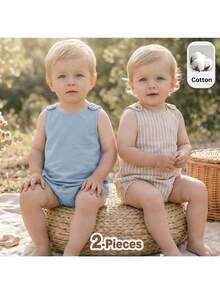Loomiva 2件套新生儿男宝宝可爱纱布纯色背心和裤子两件套，夏季 - 彩色 - 查看 2