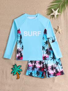SHEIN Tween Boys Swimwear, Green Coconut Tree Print Casual Sporty Swimsuit, Suitable For Vacation And Summer - Blue - View 6