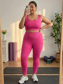 SHEIN CURVE+ 大码女式休闲夏季套装 女式休闲套装 女式背心和打底裤套装 女式运动套装 两件套，吸湿速干高弹面料裤子两件套 - 玫紅色 - 查看 9