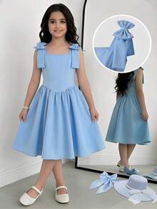 SHEIN 女童优雅提花花卉连衣裙，配有可拆卸蝴蝶结肩带 - 藍色 - 查看 1