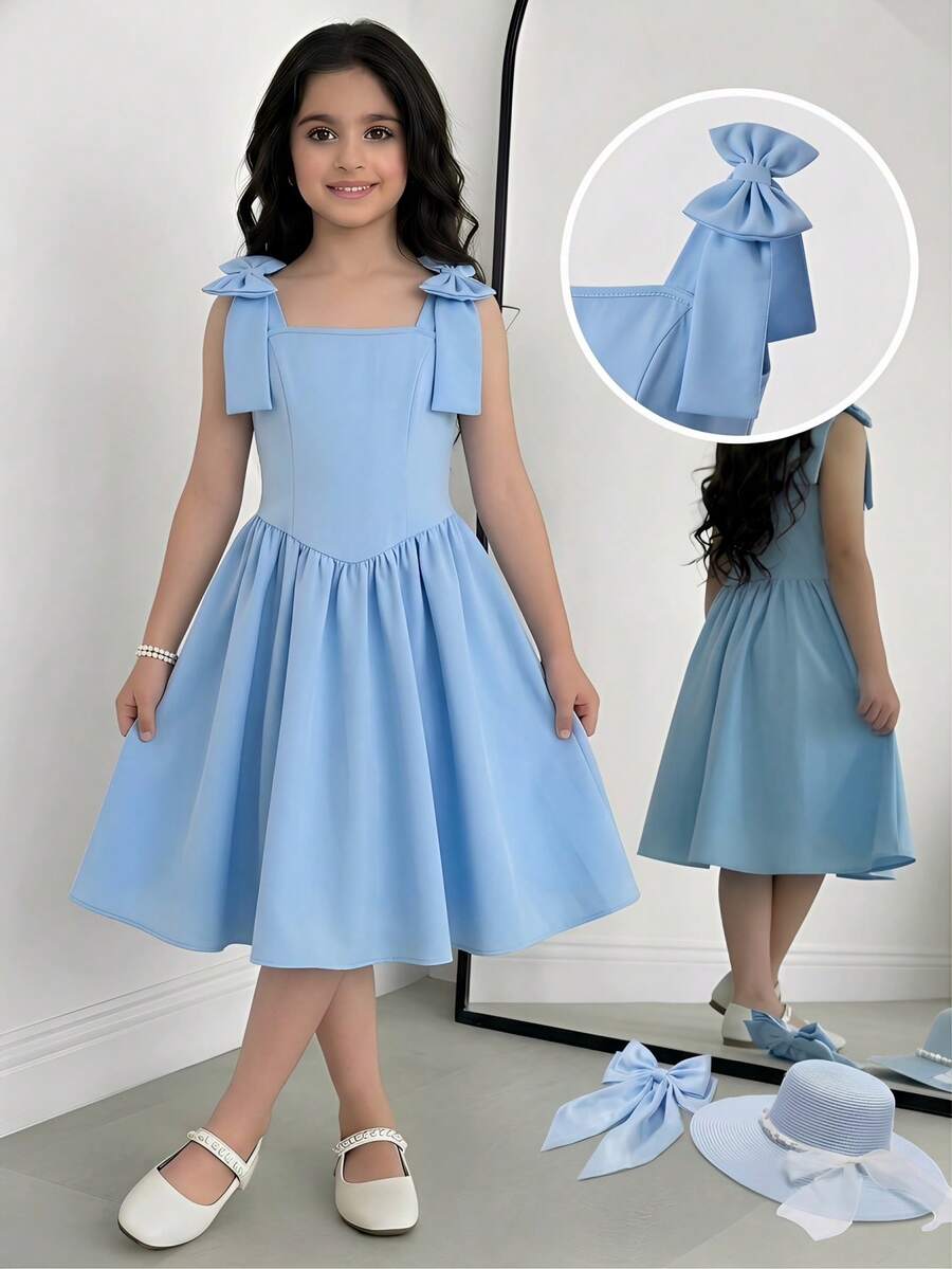 SHEIN 女童优雅提花花卉连衣裙,配有可拆卸蝴蝶结肩带 - 藍色 - 查看 1