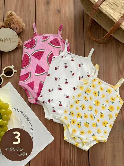 SHEIN 3pcs Baby Girl Cute Ditsy Floral Romper Set For Summer