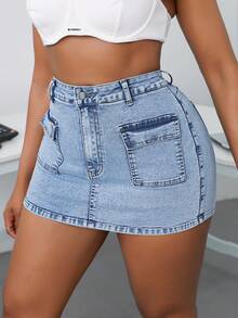 SHEIN SXY Plus Size Women High Waist Pocket Casual Skinny Denim Skorts - Light Wash - View 5