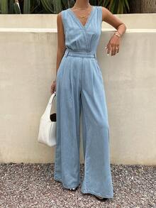 Livesso Bộ jumpsuit denim không tay cổ chữ V dành cho nữ, kiểu dáng thường ngày, thích hợp cho kỳ nghỉ hè. - Rửa nhẹ - Xem 6