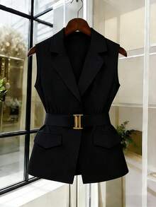 GlowEve 女士无袖马甲，配金属扣腰带，时尚百搭优雅外套 - 黑色 - 查看 3