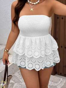 Sunnyshic Plus Size Embroidered Woven Tube Top, Spring/Summer - White - View 4