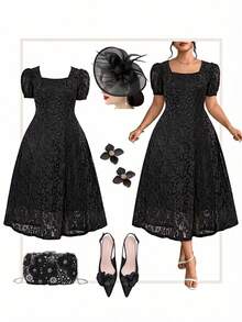 SHEIN Clasi Plus Size Elegant Lace Waist Puff Sleeve Dress, Summer - Black - View 2