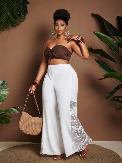 Maweii Quần ống rộng dáng chữ A màu trắng thêu ren thanh lịch dành cho nữ cỡ lớn, thích hợp cho mùa xuân/hè.