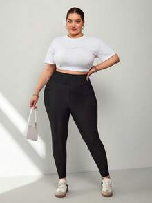 SHEIN CURVE+ 大码女式撞色休闲打底裤，黑白条纹打底裤，大码运动打底裤，大码打底裤，大码瑜伽裤，大码运动服，大码打底裤，大码女式运动套装 - 黑與白 - 查看 7