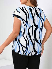Chikora Plus Size Women Geometric Print Short Sleeve Shirt - Baby Blue - View 2