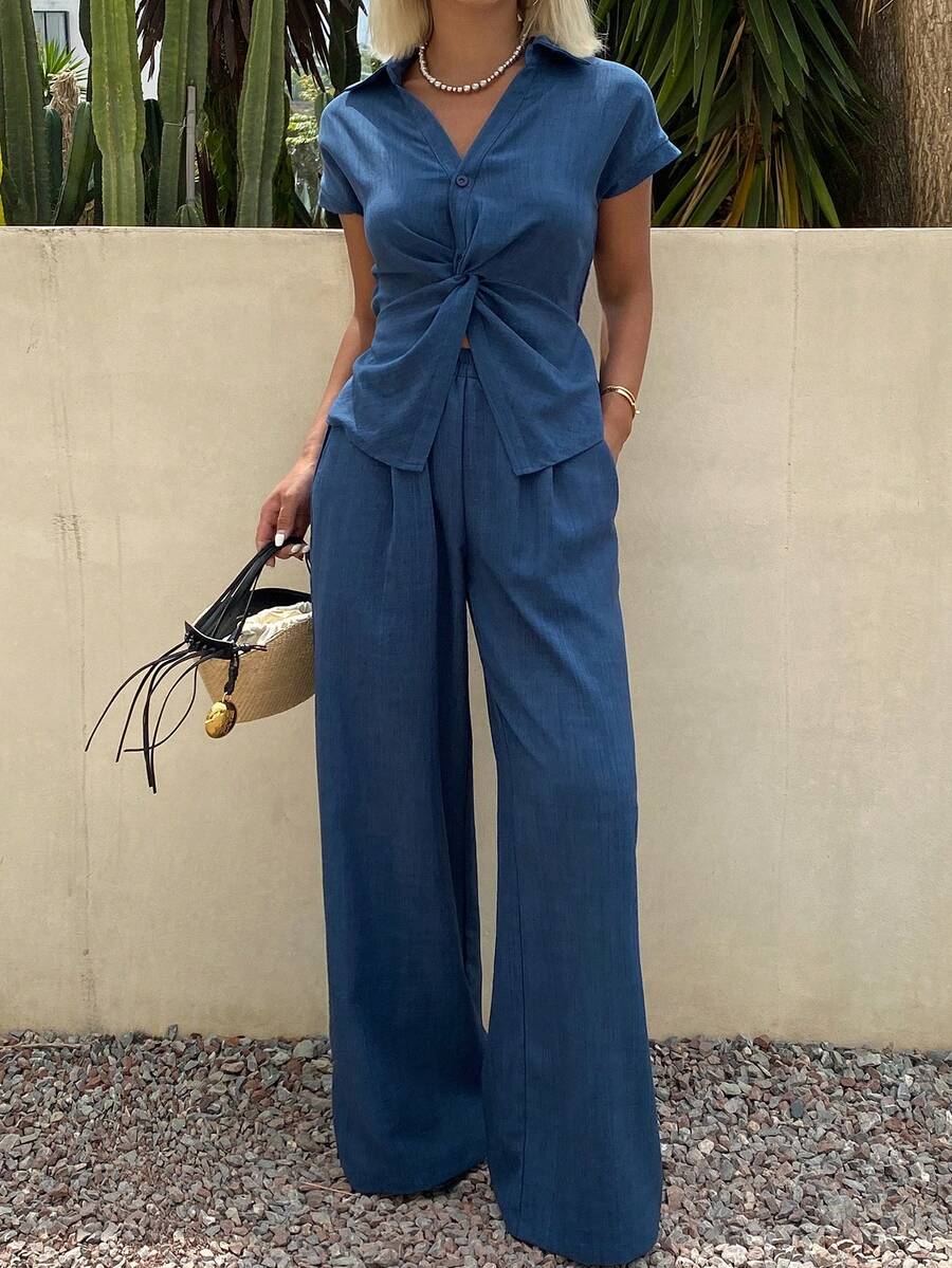 Livesso Bộ đồ nữ thường ngày gồm áo sơ mi denim xoắn và quần jeans ống rộng, thích hợp cho kỳ nghỉ hè và đi làm, mùa thu. - Rửa tối - Xem 1