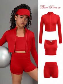SHEIN Girlism 少女长袖翻领拉链T恤、背心和紧身裤三件套运动服 - 紅色 - 查看 5