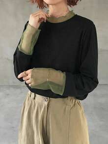 FRIFUL Kaos Kasual Longgar Serbaguna dengan Motif Polka Dot Transparan dan Patchwork Warna Polos - Hitam - View 5