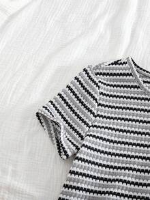 Summer Tween Girl Striped Bow Decor Button Round Neck Short Sleeve T-Shirt And Casual Pants Set Summer Outfits - Grey - View 5