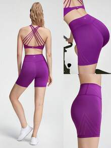 GLOWMODE 6" PearlLift Tummy Control Laser-Cut Biker Shorts Light Support Yoga Pilates Studio Gym Daily Casual - Purple - View 8