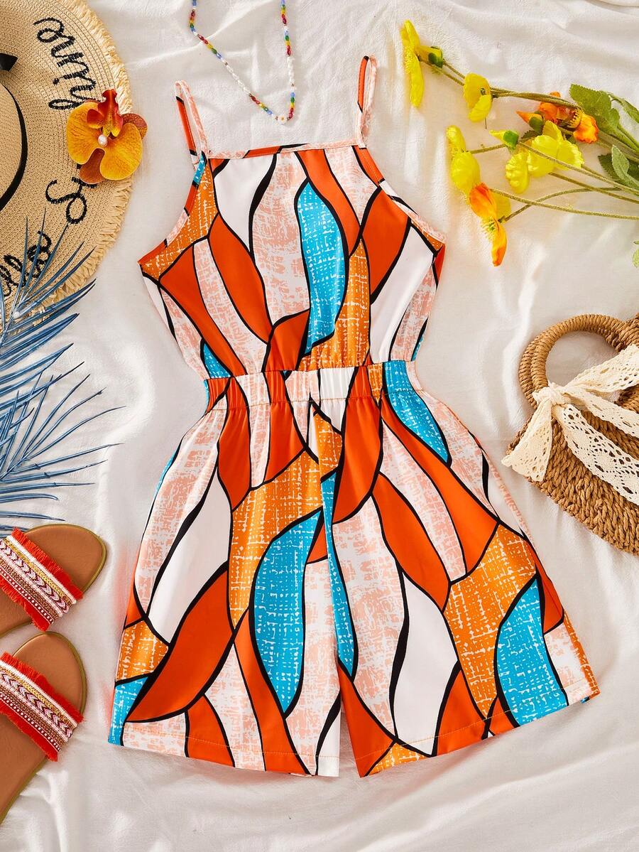 SHEIN Tween Girl Geometric Print Casual Jumpsuit - Multicolor - View 1