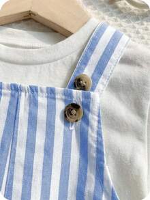 SHEIN Newborn Baby Boy/Girl Cute Striped Romper, Versatile For Spring/Summer Indoor, Outdoor, Daily, Sports, Play, Party, Photo Shoot, Holiday - Blue - View 8