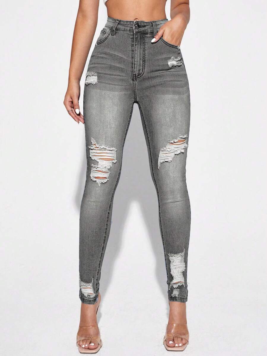 SHEIN ICON Women's Casual Skinny Jeans With Ripped Pockets And Holes - Light Grey - View 1