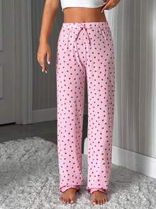 SHEIN Cotton Pink Striped With Strawberry Pattern With Fake Drawstring Detail Long Pants Homewear Comfort Casual Women Sleep Bottom - Pink - View 3
