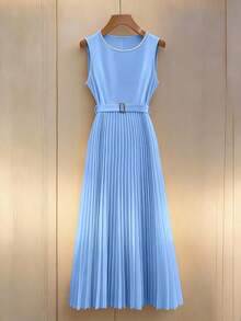 Franclia Đầm không tay xếp ly eo, màu trơn, đính ngọc trai giả dành cho nữ - Màu xanh bạc hà - Xem 8