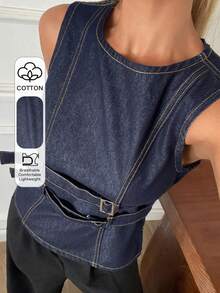 Livesso Damen ärmelloses einfarbiges Jeans-Crop-Top mit Gürtel - Blau - Übersicht 1