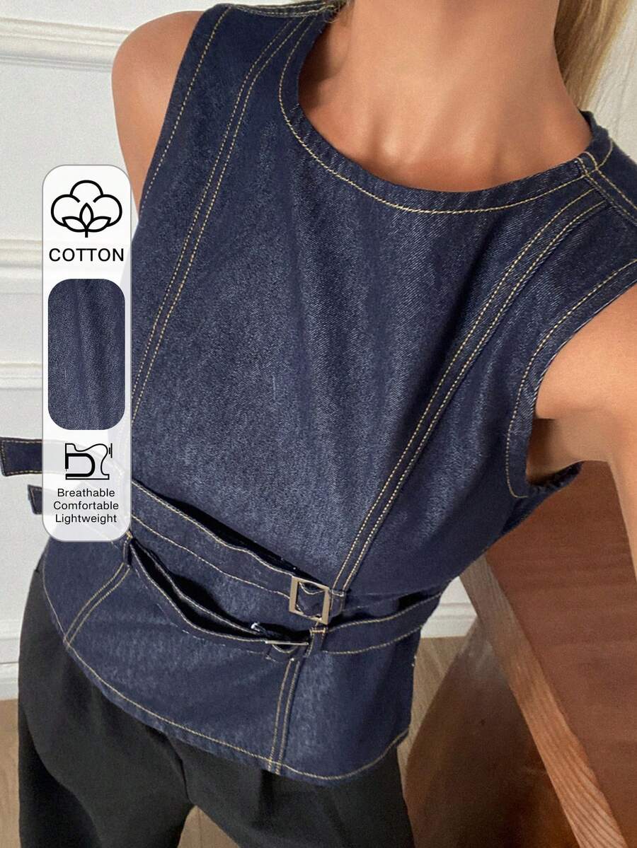 Livesso Damen ärmelloses einfarbiges Jeans-Crop-Top mit Gürtel - Blau - Übersicht 1