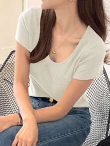 DAZY Women's Solid Color Round Neck Short Sleeve Fitted Basic T-Shirt, Brown For Spring & Summer,Back To School Clothes - White - View 5