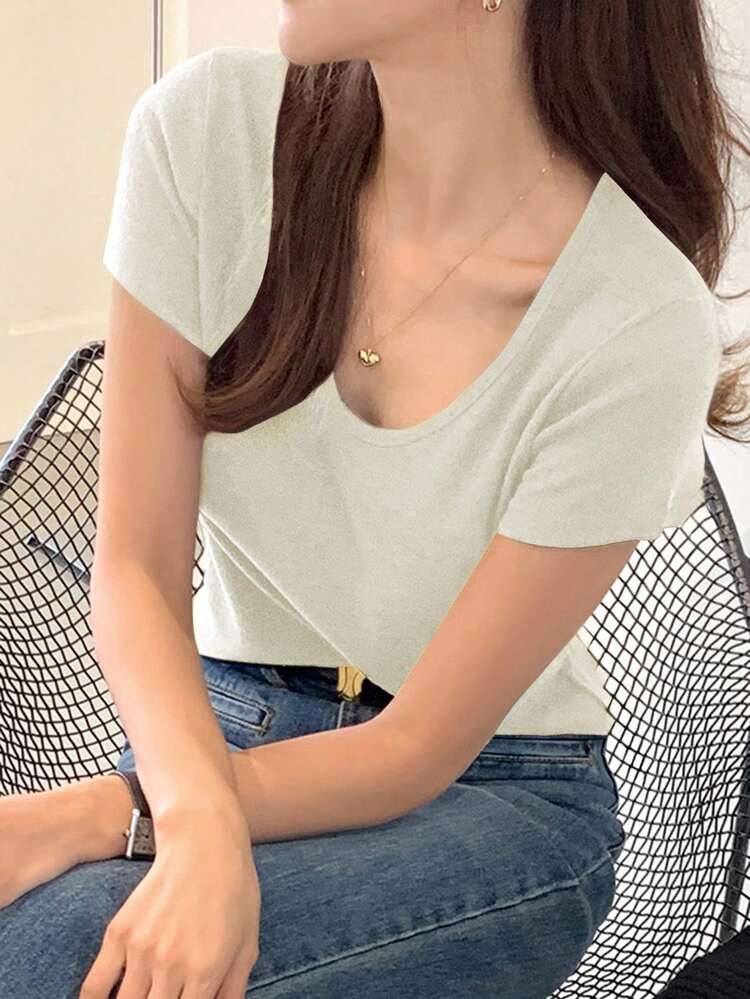 Women's Solid Color Round Neck Short Sleeve Fitted Basic T-Shirt, Brown For Spring & Summer,Back To School Clothes