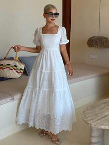 DAZY Casual Elegant Vacation Style Cotton White Dress, Spring & Summer - Ivory White - View 6