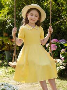 Elladie kids 少女夏季法式短袖高品质收腰连衣裙，春秋季新款 - 黃色 - 查看 2