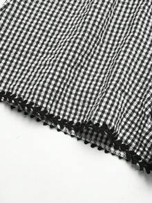 SHEIN Tween女孩黑白格紋夏季兩件套，圓領蝴蝶結露背背心上衣與短褲，熱帶度假假期穿搭，8-12歲 - 黑與白 - 查看 8