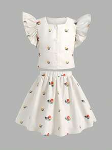 Young Girl Casual Round Neck Ditsy Floral Sleeveless Top And Mini Skirt Set,Elegant 2-Piece Outfit For School,Parties,Gatherings,Spring/Summer - Multicolor - View 4