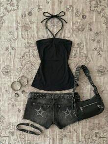 EgrlEra Camiseta de tirantes con cuello halter, estampado gráfico con diamante de imitación, estilo sexy Y2K para mujer - Negro - Ver 2