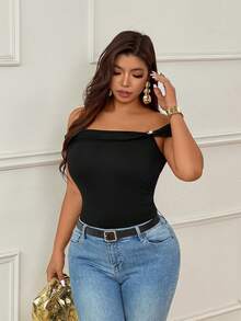 SHEIN Clasi CURVE Plus Size Women's Metal Decor Off Shoulder Ruched Bodysuit - Black - View 6