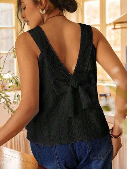 Freevana Áo vest móc rỗng phong cách Bohemian cổ điển cho nữ, màu trắng kem, kiểu không tay hở lưng thắt nơ, áo kiểu dáng rộng rãi thoải mái mùa hè.