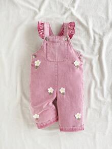 SHEIN Vintaside Kids 1件女婴蓝色牛仔休闲可爱刺绣花卉吊带连体裤，适合外出和派对穿着 - 粉色 - 查看 9